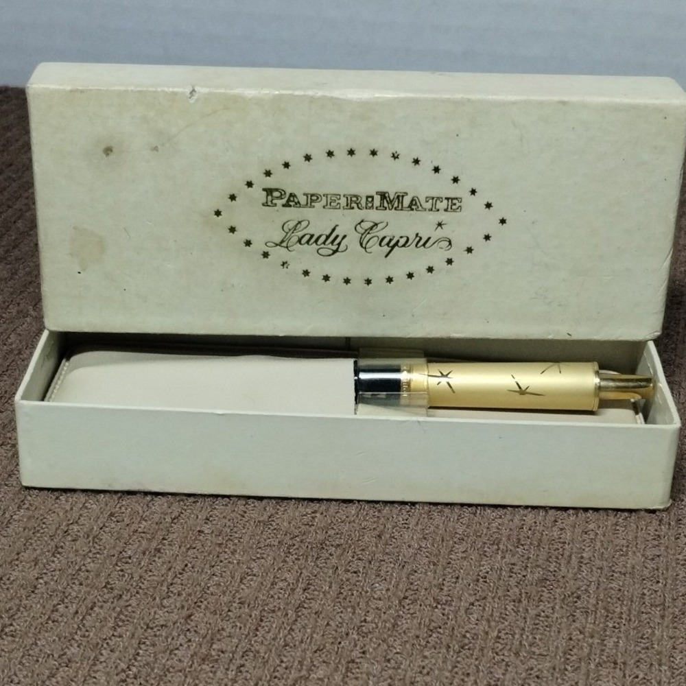 Vintage Paper Mate Lady Capri Ballpoint Pen Gold Black Starburst MCM Box Pouch
